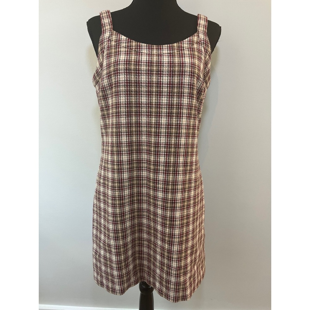 Abercrombie & Fitch Plaid Tweed Mini Dress Sz S Burgundy Cream Y2K Preppy Dress